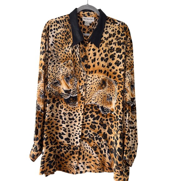 Bloomingdales Womens Silk Cheetah Print Button-Up Shirt Genuine Leather Collar - Picture 1 of 16